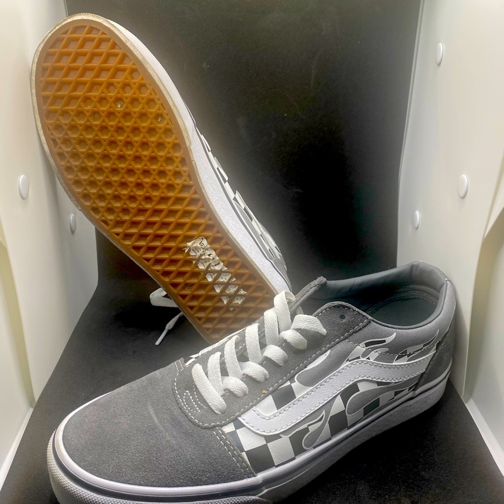 Gray Vans with flames